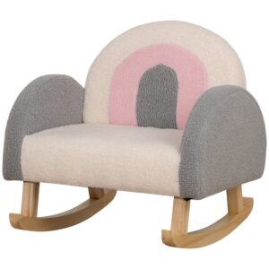 Gyngestol til småbørn, sødt design, kunstigt fåreskind, eukalyptustræ, 50 x 45 x 44 cm, grå+lyserød+creme
